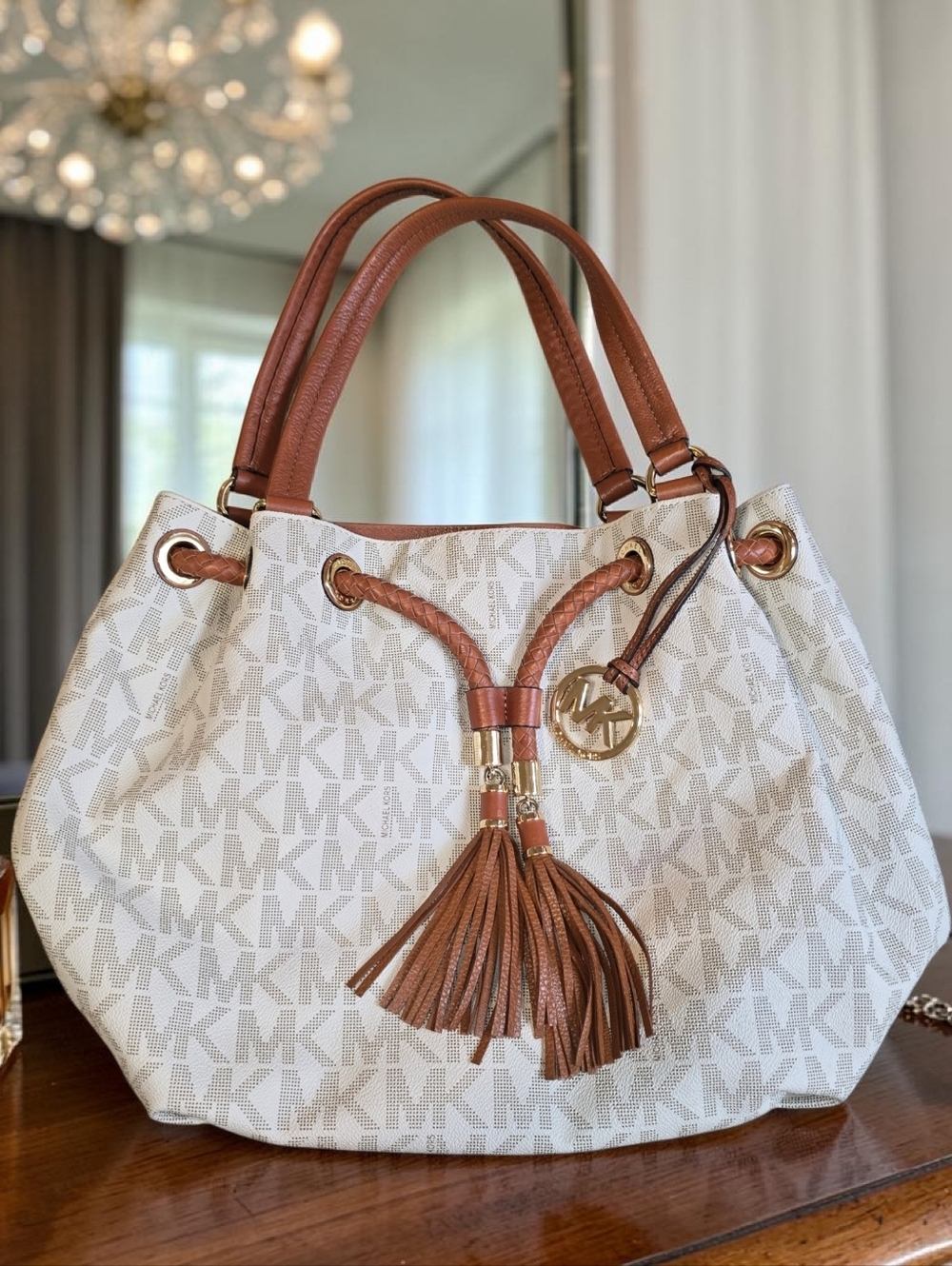 Michael Kors White MK Monogram Tote with Brown Leather Trim and Tassel
